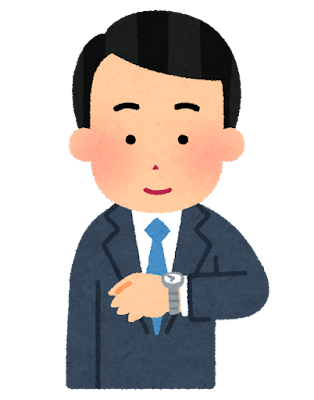 腕時計を確認する会社員のイラスト（男性）