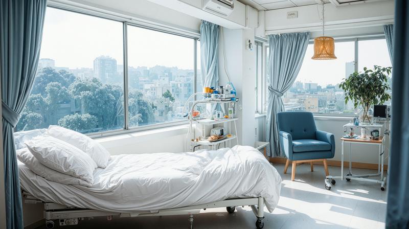 大きな窓と水色カーテンがある明るい病室のベッドの無料のAI画像素材