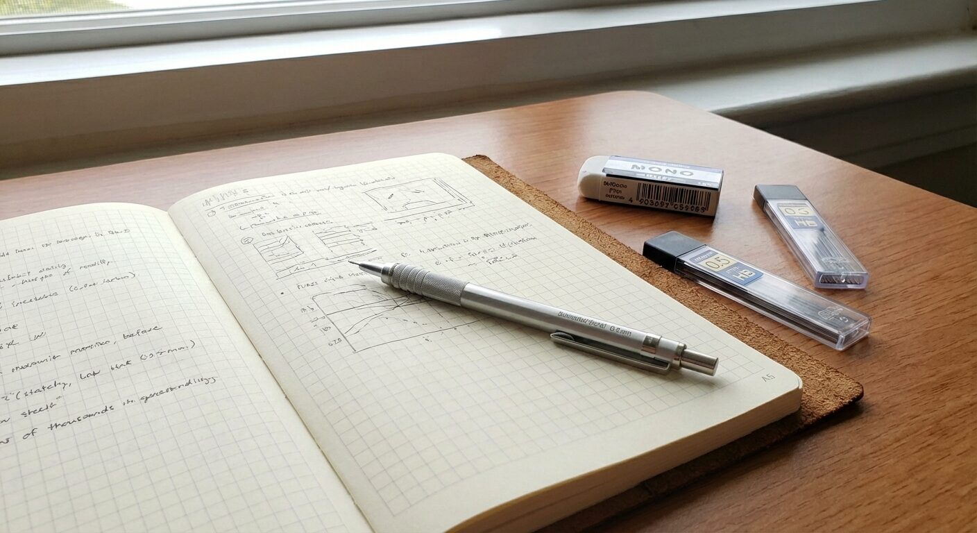 A5サイズのノート、シャープペンシル、シャープペンシルの芯、消しゴムの画像