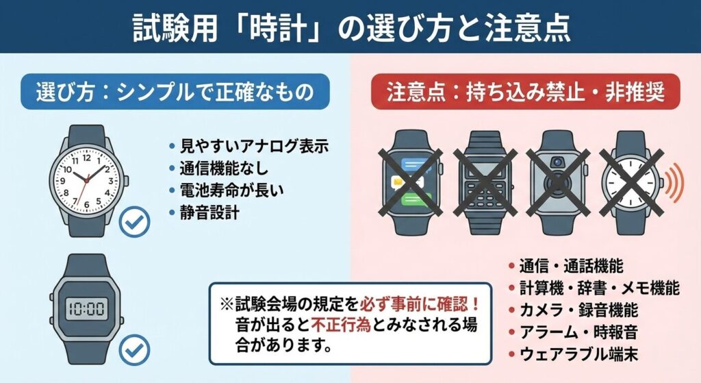 試験用「時計」の選び方と注意点