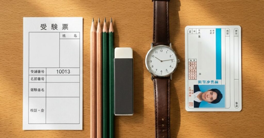 受験票、筆記用具、時計、身分証明書の画像