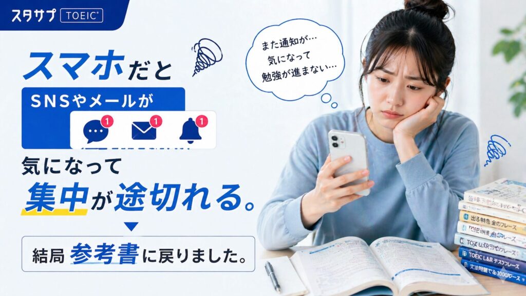 スマホだとSNSやメールが気になって集中が途切れる。結局参考書に戻りました。