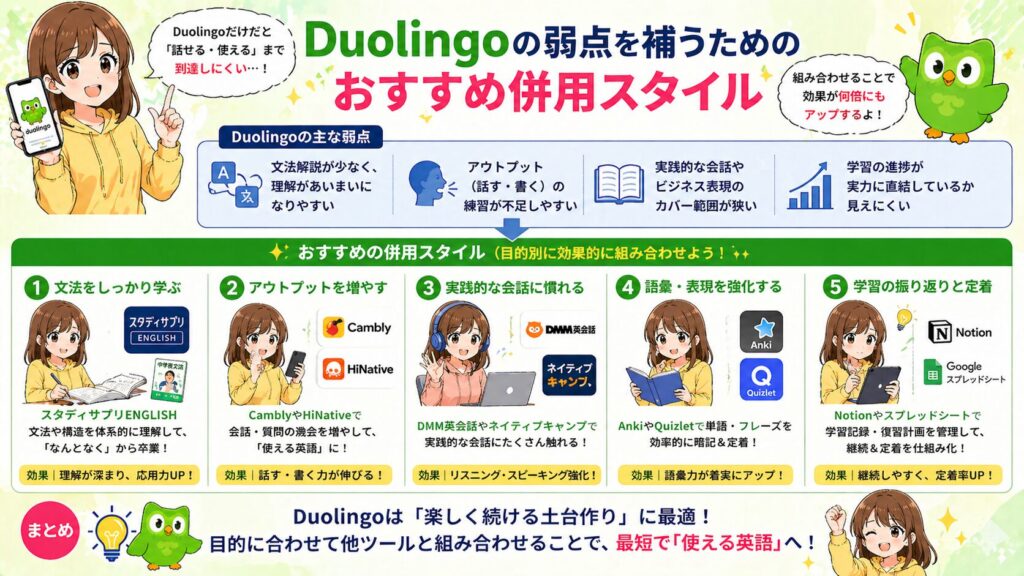Duolingoの弱点を補うためのおすすめ併用スタイル