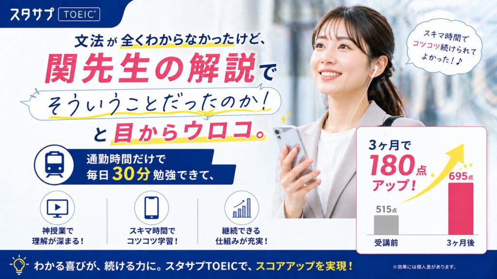 文法が全くわからなかったけど、関先生の解説で「そういうことだったのか！」と目からウロコ。通勤時間だけで毎日30分勉強できて、3ヶ月で180点アップしました。