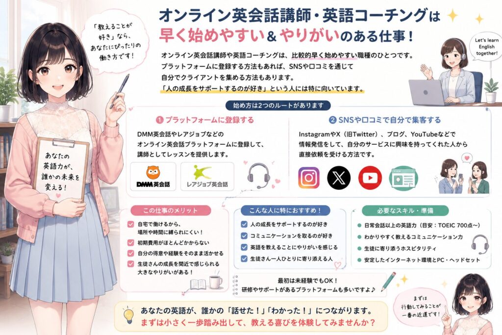 オンライン英会話講師や英語コーチングは、比較的早く始めやすい職種のひとつです。DMM英会話やレアジョブなどのプラットフォームに登録する方法もあれば、SNSや口コミを通じて自分でクライアントを集める方法もあります。「人の成長をサポートするのが好き」という人には特に向いています。