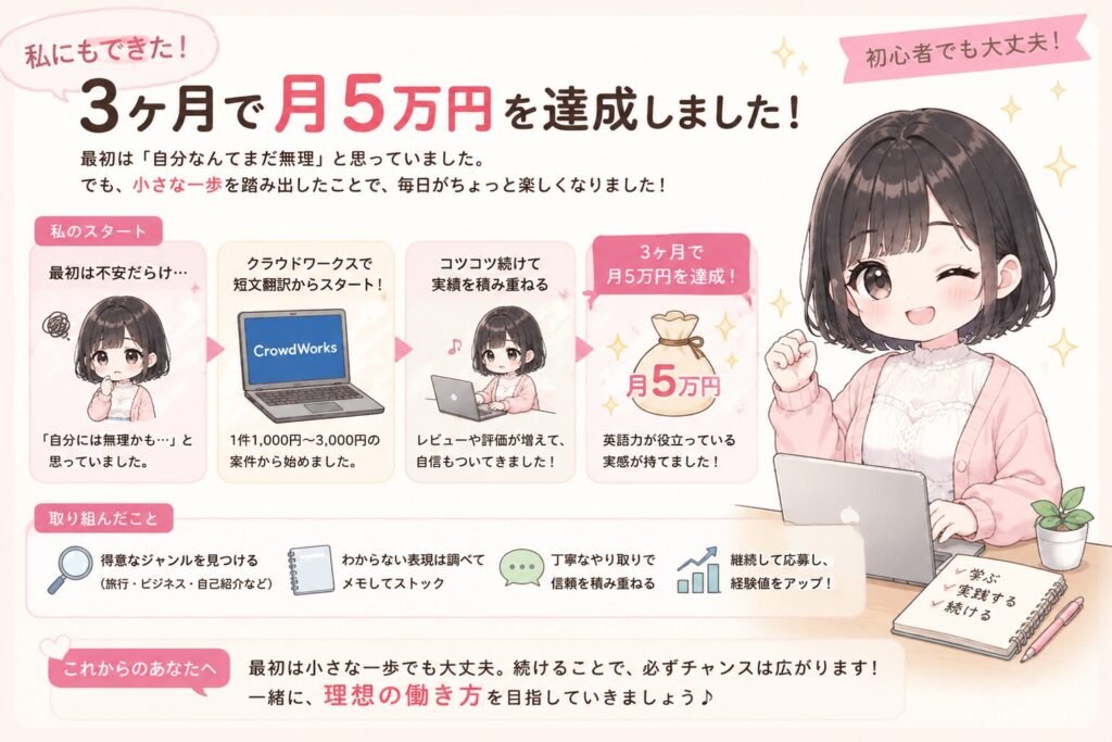 最初は「自分なんてまだ無理」と思っていましたが、クラウドワークスで短文翻訳から始めて3ヶ月で月5万円を達成できました。仕事を通じて自分の英語力が実際に役立っている実感が持てて、毎日がちょっと楽しくなった気がします。