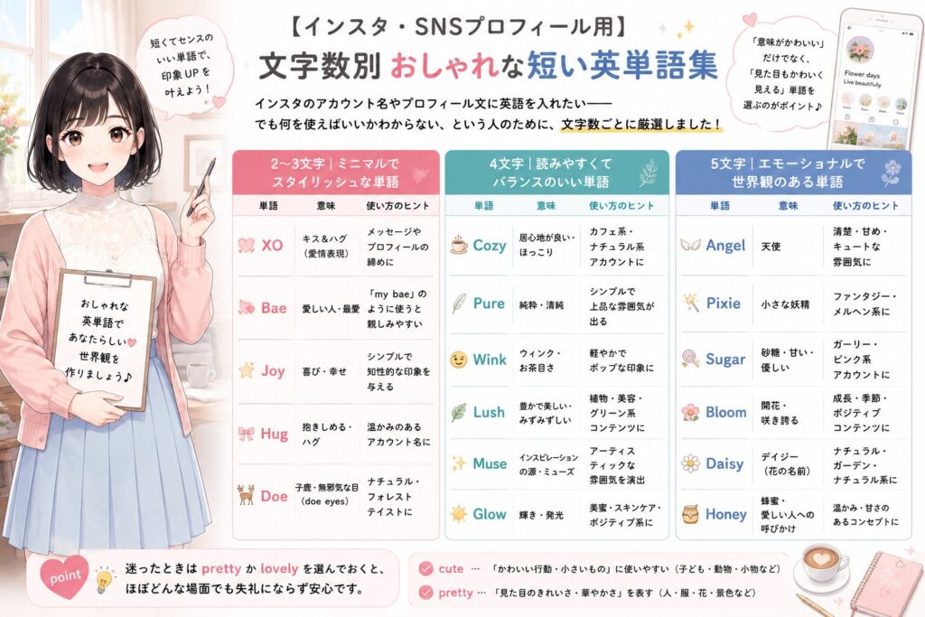 【インスタ・SNSプロフィール用】文字数別おしゃれな短い英単語集の図解