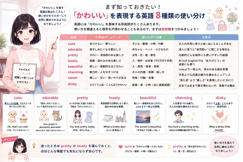 まず知っておきたい!「かわいい」を表現する英語8種類の使い分けの図解