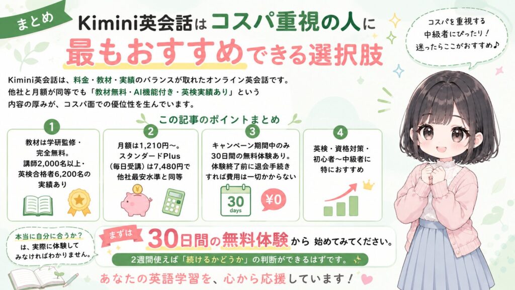 まとめ：Kimini英会話はコスパ重視の人に最もおすすめできる選択肢の図解