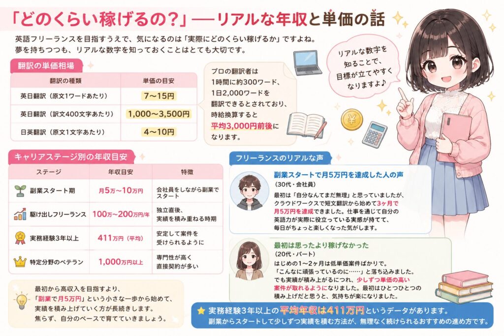 「どのくらい稼げるの?」——リアルな年収と単価の話の図解