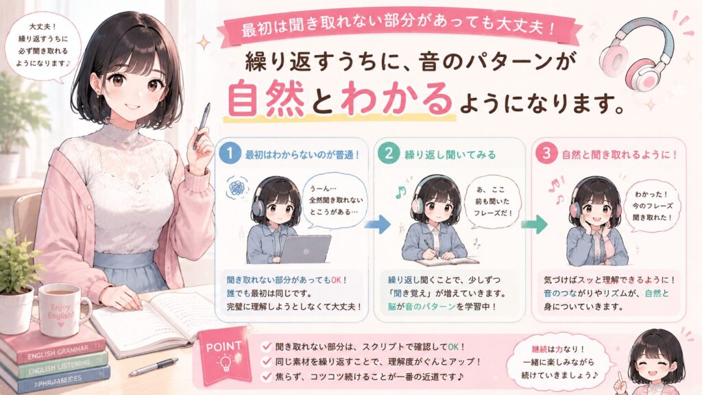 最初は聞き取れない部分があっても大丈夫です。繰り返すうちに、音のパターンが自然とわかるようになります。