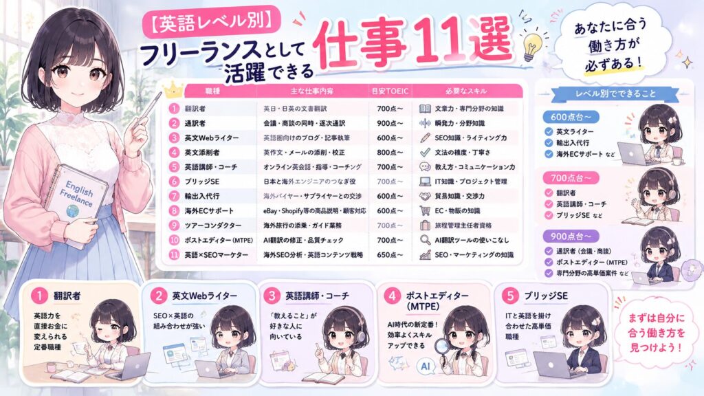 【英語レベル別】フリーランスとして活躍できる仕事11選:あなたに合う働き方が必ずあるの図解