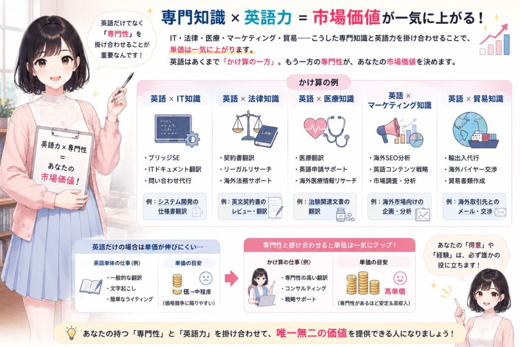 IT・法律・医療・マーケティング・貿易——こうした専門知識と英語力を掛け合わせることで、単価は一気に上がります。英語はあくまで「かけ算の一方」。もう一方の専門性が、あなたの市場価値を決めます。