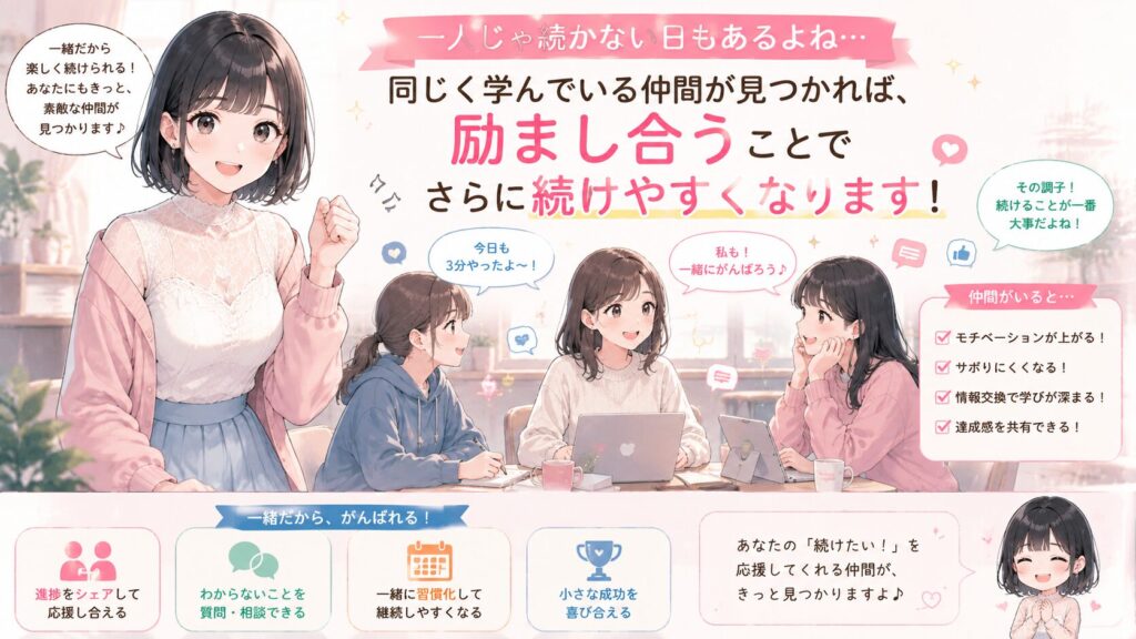 同じく学んでいる仲間が見つかれば、励まし合うことでさらに続けやすくなります。