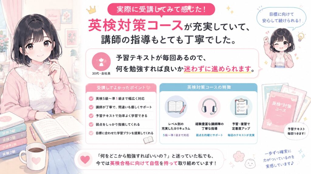 英検対策コースが充実していて、講師の指導もとても丁寧でした。予習テキストが毎回あるので、何を勉強すれば良いか迷わずに進められます。