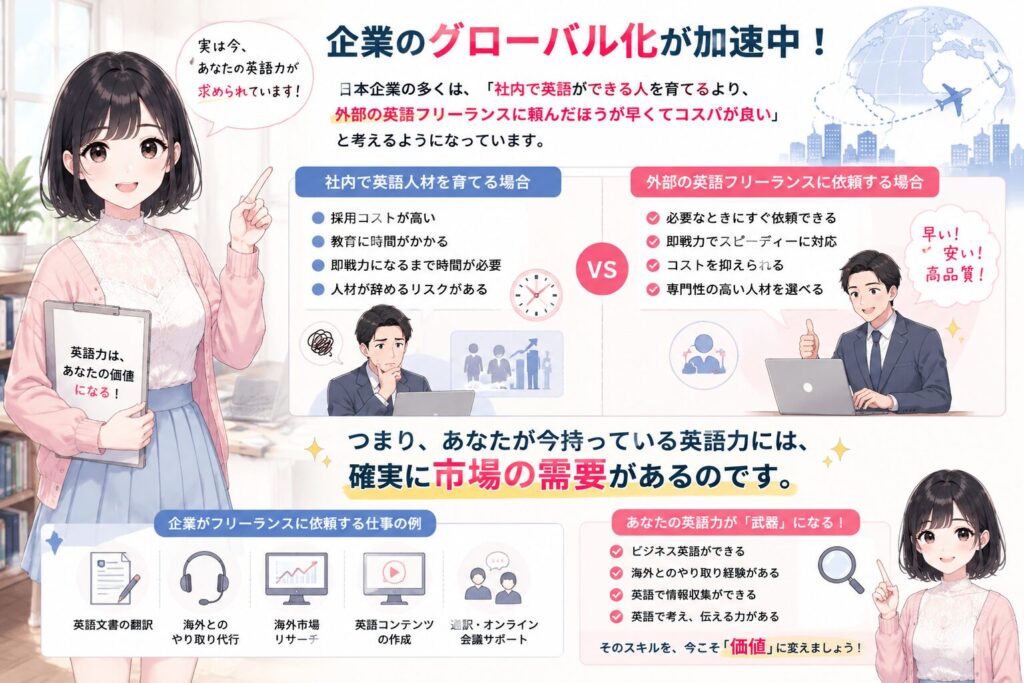 企業のグローバル化が加速する中、日本企業の多くは「社内で英語ができる人を育てるより、外部の英語フリーランスに頼んだほうが早くてコスパが良い」と考えるようになっています。つまり、あなたが今持っている英語力には、確実に市場の需要があるのです。