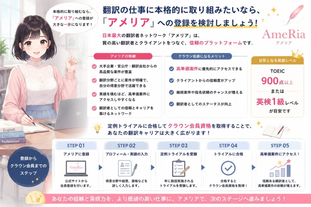 翻訳の仕事に本格的に取り組みたいなら、日本最大の翻訳者ネットワーク「アメリア」への登録を検討しましょう。定例トライアルに合格してクラウン会員資格を取得することで、高単価案件に優先的にアクセスできるようになります。目安はTOEIC900点以上または英検1級レベルです。