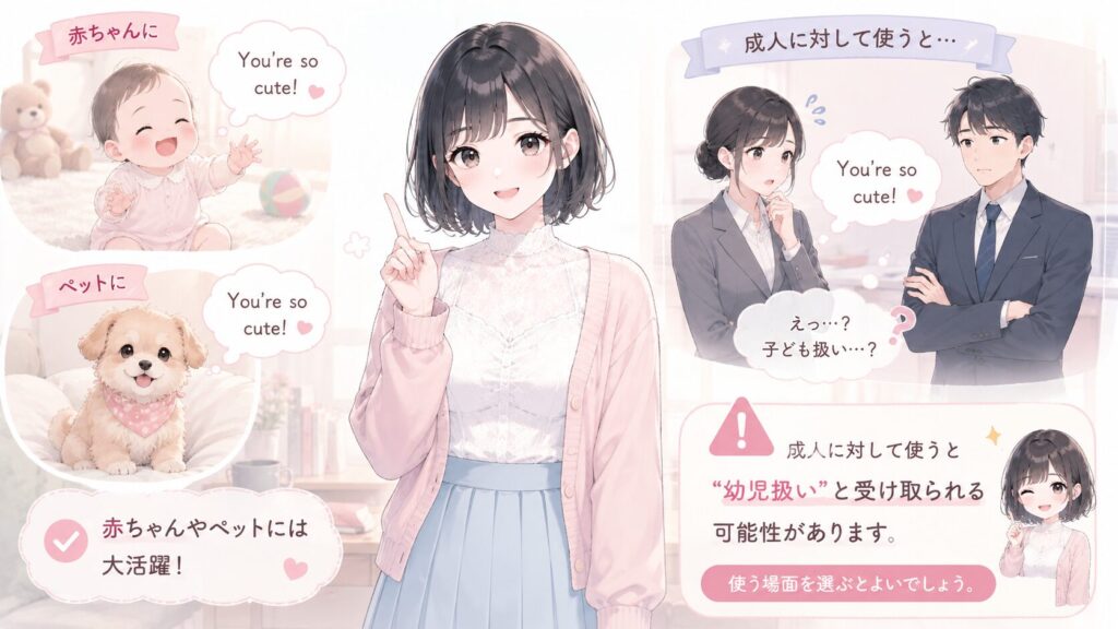赤ちゃんやペットには大活躍ですが、成人に対して使うと"幼児扱い"と受け取られる可能性があるため、使う場面を選ぶとよいでしょう。(相手との距離感による)