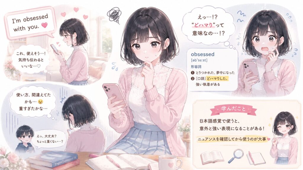 「I'm obsessed with you.」が「どハマり」という意味だと後から知って、使い方を間違えていたかも……と焦りました。日本語感覚で使うと意外と強い表現になることがあるので、ニュアンスを確認してから使うのが大事ですね。