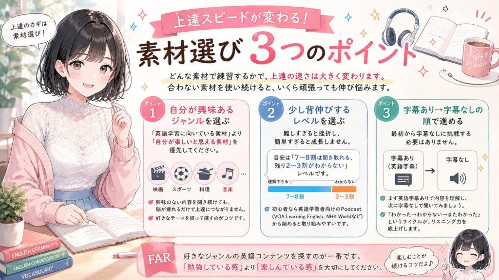 上達スピードが変わる！素材選び3つのポイントの図解