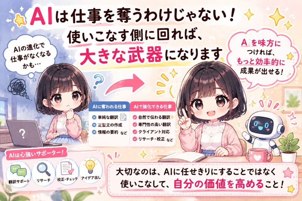 でも、AIはすべての英語フリーランスの仕事を奪うわけではありません。むしろ、使いこなす側に回れば、大きな武器になります。