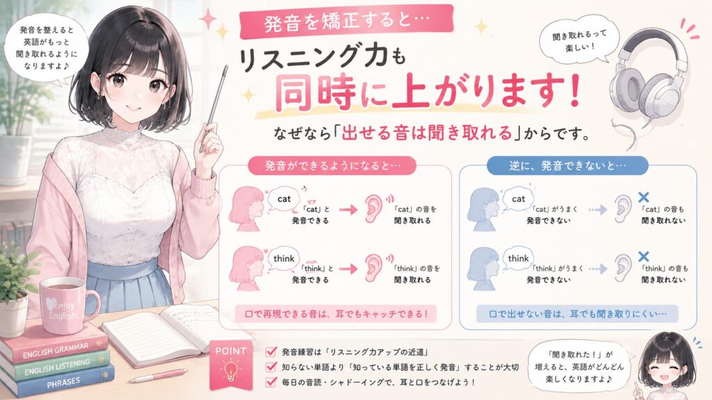 発音を矯正することで、リスニング力も同時に上がります。なぜなら「出せる音は聞き取れる」からです。