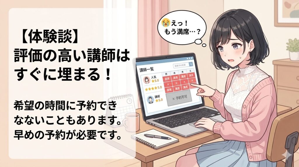 評価の高い講師はすぐに埋まってしまい、希望の時間に予約が入れられないことがありました。早めの予約が必要です。
