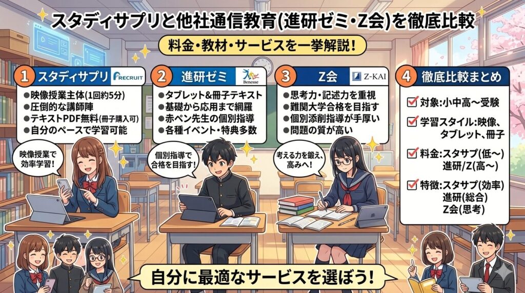 スタディサプリと他社通信教育(進研ゼミ・Z会)を徹底比較