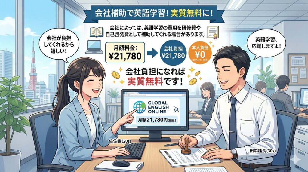 会社によっては、英語学習の費用を研修費や自己啓発費として補助してくれる場合があります。月額21,780円という料金も、会社負担になれば実質無料です。