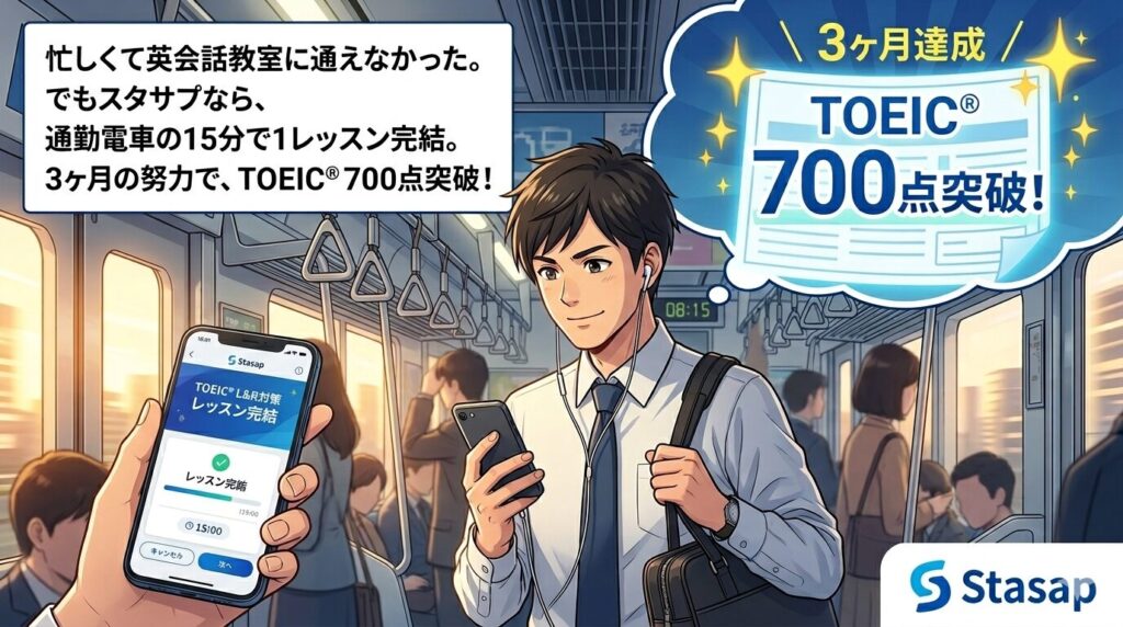 仕事が忙しくて英会話教室に通えない。でもスタサプなら通勤電車の15分で1レッスン完結。3ヶ月続けてTOEIC700点突破できました。