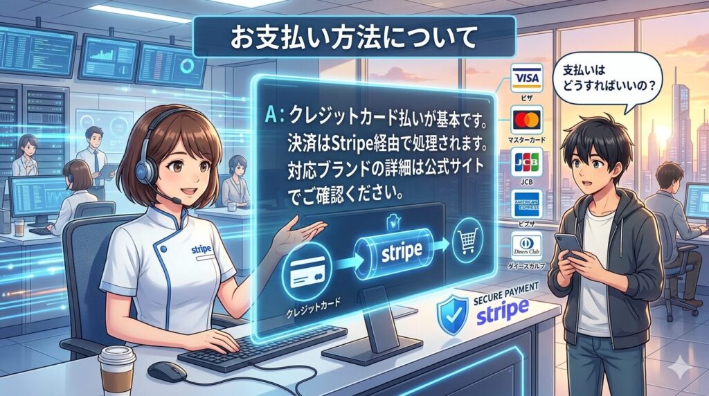 A：クレジットカード払いが基本です。決済はStripe経由で処理されます。対応ブランドの詳細は公式サイトでご確認ください。