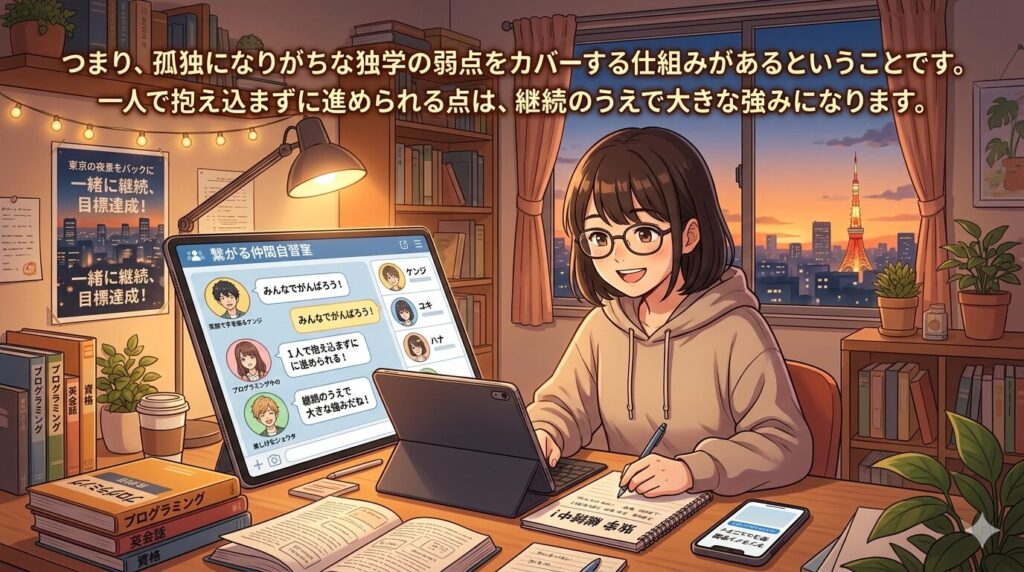 つまり、孤独になりがちな独学の弱点をカバーする仕組みがあるということです。一人で抱え込まずに進められる点は、継続のうえで大きな強みになります。