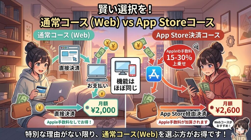 なぜなら、App Store経由の決済にはAppleの手数料が上乗せされるからです。機能はほぼ同じなので、特別な理由がない限り通常コース（Web）を選ぶ方がお得です。