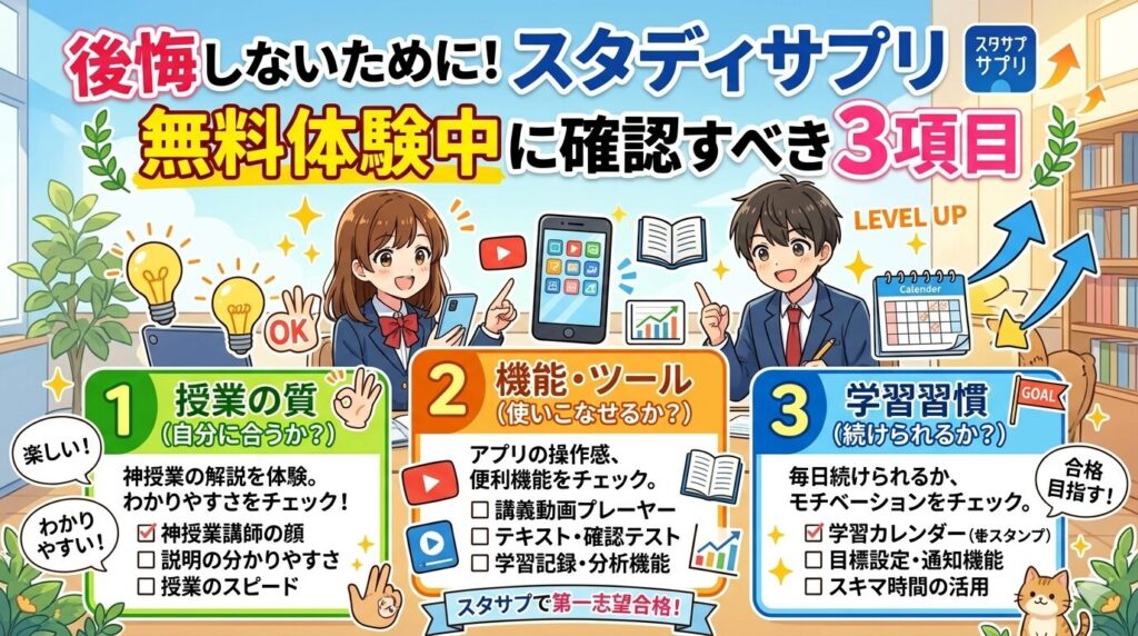 後悔しないために!スタディサプリ無料体験中に確認すべき3項目