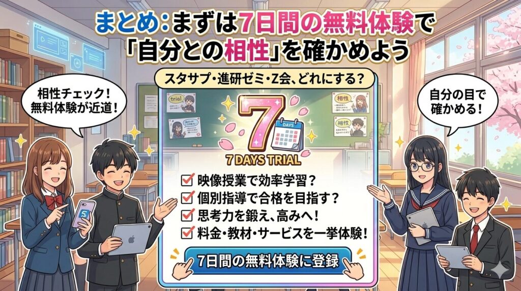 まとめ:まずは7日間の無料体験で「自分との相性」を確かめよう