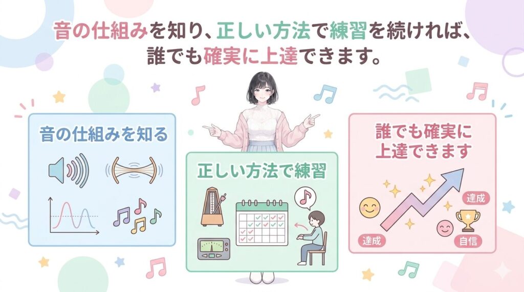 音の仕組みを知り、正しい方法で練習を続ければ、誰でも確実に上達できます。