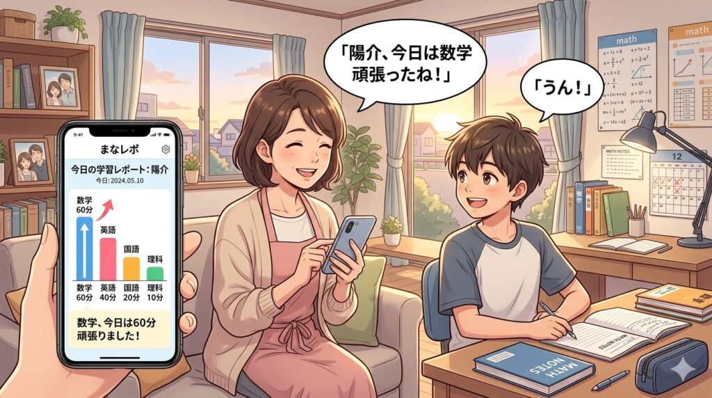 「まなレポ」機能で、子供が今日どの科目を何分勉強したかスマホで確認できる。「今日は数学頑張ったね!」と声をかけられるようになって、親子のコミュニケーションも増えました。