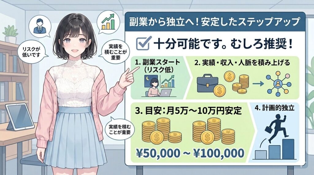 A. 十分可能です。むしろ副業からスタートして実績・収入・人脈を積み上げてから独立する方が、リスクが低くおすすめです。「副業で月5万〜10万円が安定して入るようになったら独立を検討する」という目安を持つと計画が立てやすくなります。