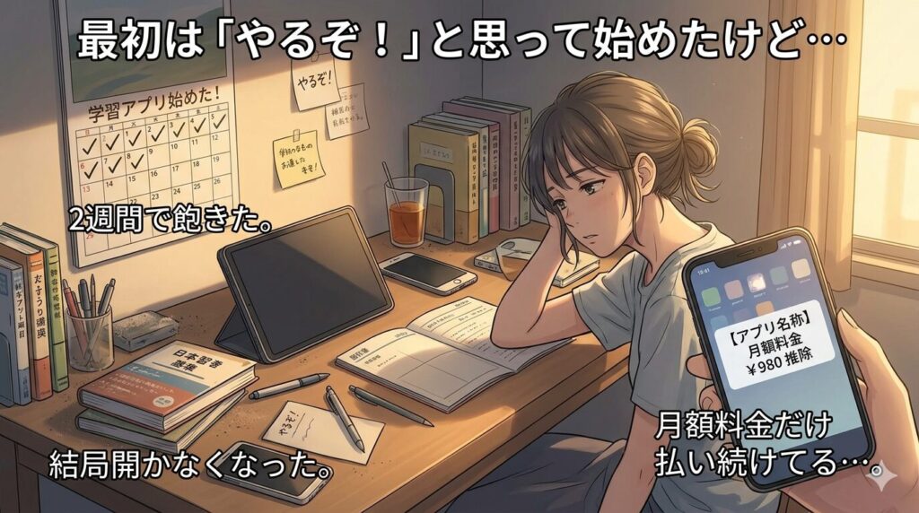 最初は「やるぞ!」と思って始めたけど、2週間で飽きた。誰にも怒られないし、サボっても何も言われないから、結局開かなくなった。月額料金だけ払い続けてる…。