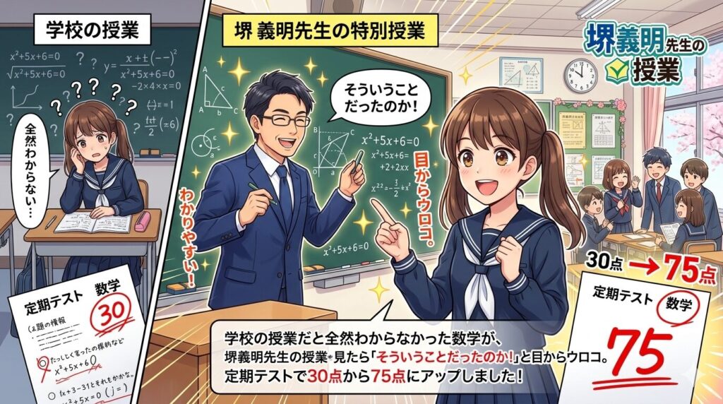 学校の授業だと全然わからなかった数学が、堺義明先生の授業を見たら「そういうことだったのか!」と目からウロコ。定期テストで30点から75点にアップしました!