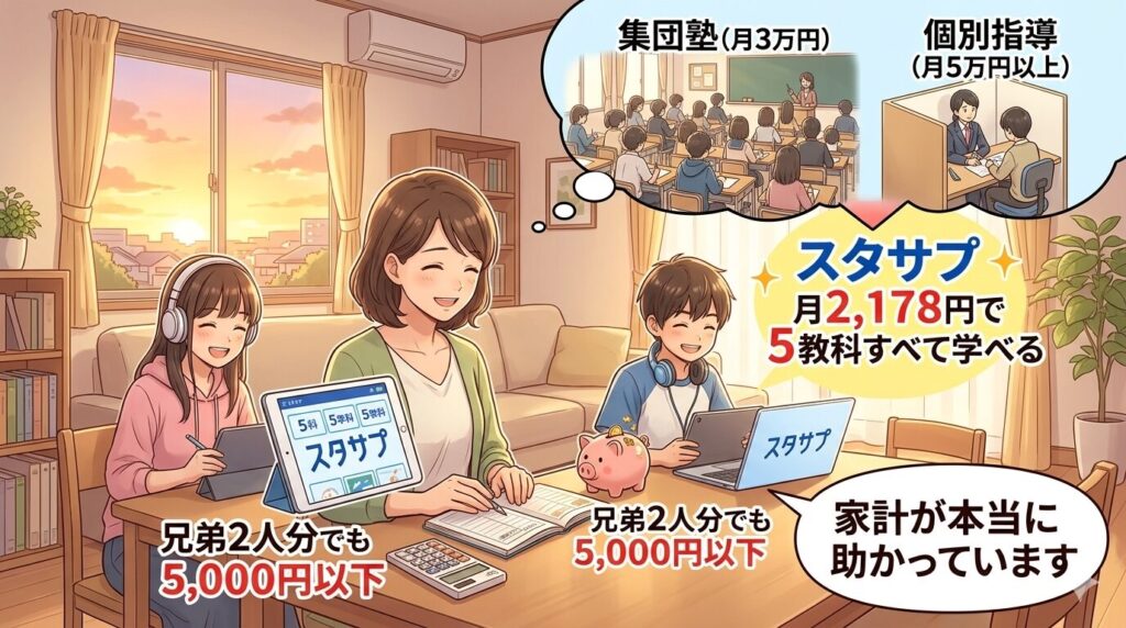 集団塾だと月3万円、個別指導だと月5万円以上。スタサプなら月2,178円で5教科すべて学べる。兄弟2人分でも5,000円以下。家計が本当に助かっています。