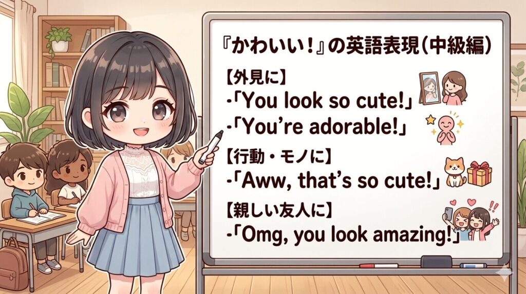 A. 「You look so cute!」や「You're adorable!」がよく使われます。外見だけでなく行動や持ち物に対しては「Aww, that's so cute!」が自然です。親しい友人なら「Omg, you look amazing!(うわ、すごくかわいい!)」のように感嘆詞と組み合わせるとより親しみやすくなります。