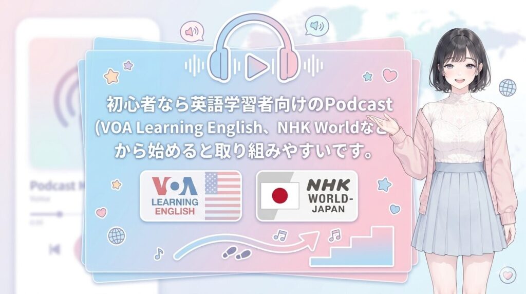 初心者なら英語学習者向けのPodcast（VOA Learning English、NHK Worldなど）から始めると取り組みやすいです。