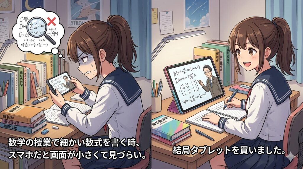 数学の授業で細かい数式を書く時、スマホだと画面が小さくて見づらい。結局タブレットを買いました。