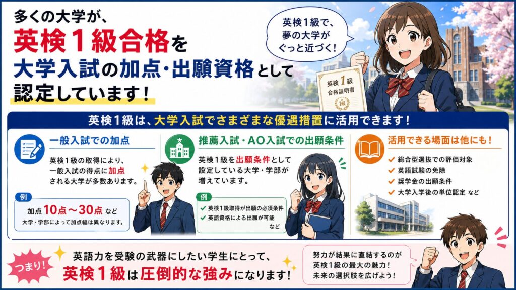 多くの大学が、英検1級合格を大学入試の加点・出願資格として認定しています。一般入試での加点、推薦入試・AO入試での出願条件として活用できる場合があります。英語力を受験の武器にしたい学生にとっては、圧倒的な強みになります。