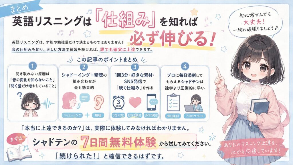 まとめ：英語リスニングは「仕組み」を知れば必ず伸びるの図解