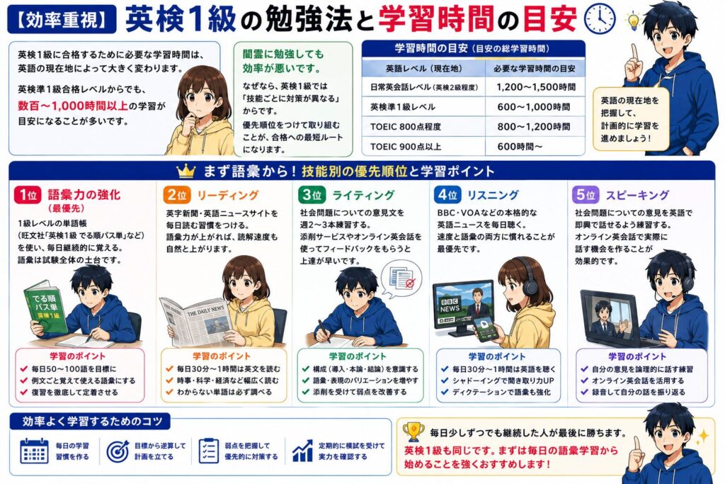 【効率重視】英検1級の勉強法と学習時間の目安の図解