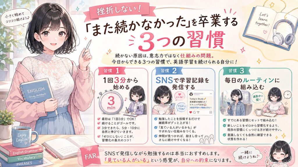 【挫折しない】「また続かなかった」を卒業する3つの習慣の図解