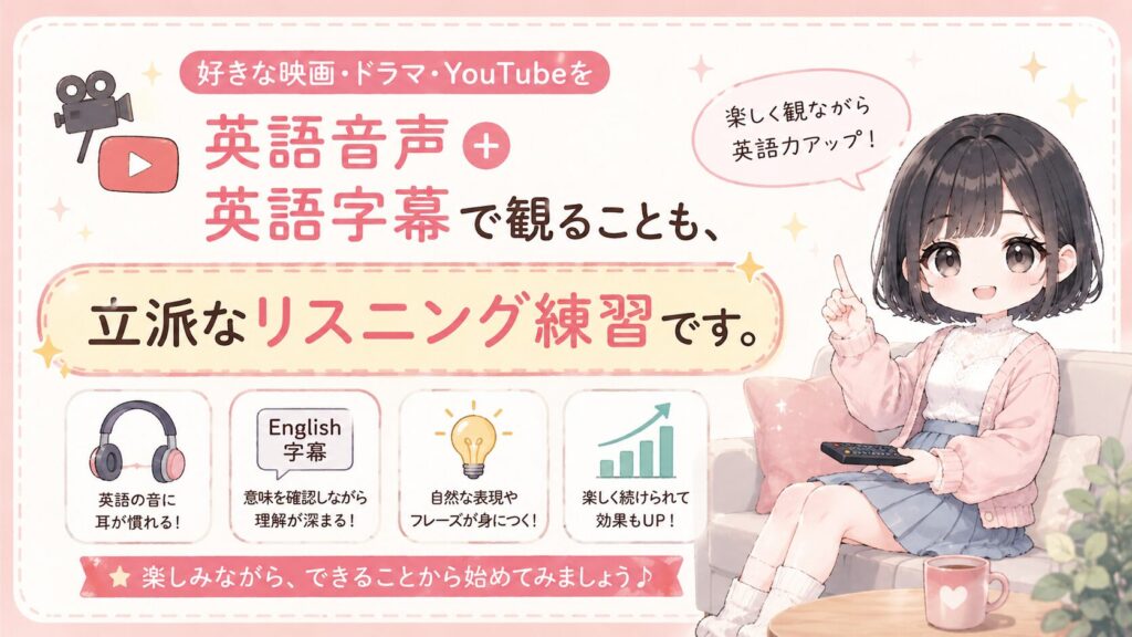 好きな映画・ドラマ・YouTubeを英語音声＋英語字幕で観ることも、立派なリスニング練習です。