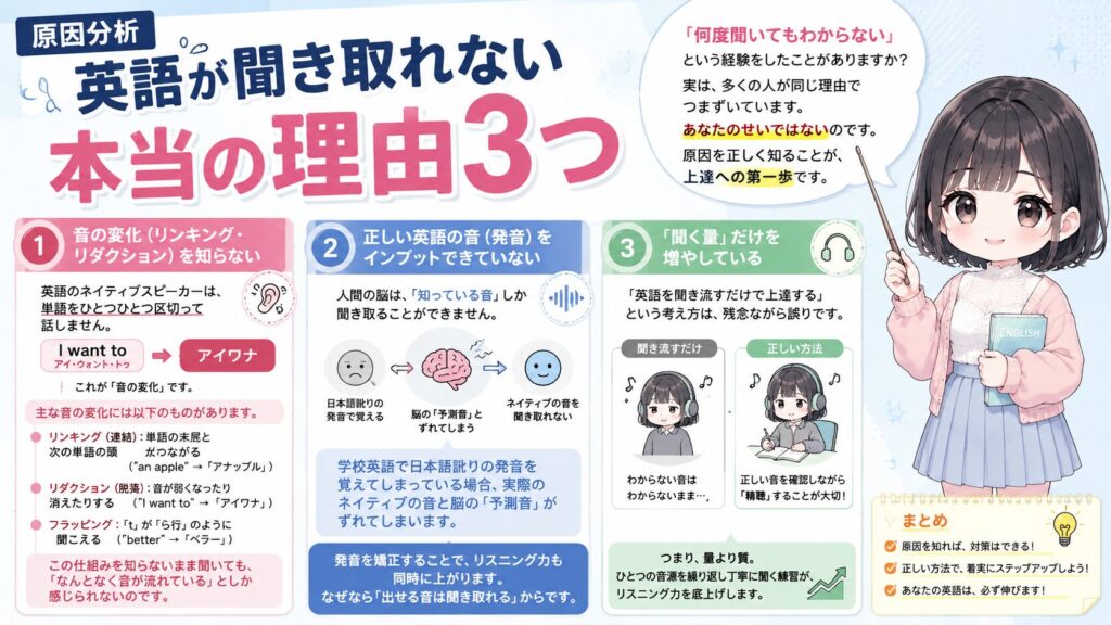 【原因分析】英語が聞き取れない本当の理由3つの図解